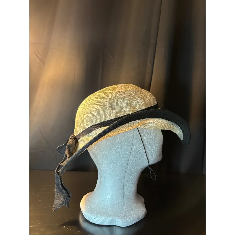 Woven Straw Sun Hat Wide Brim Cream Black Grosgrain Ribbon Bow Chin Strap